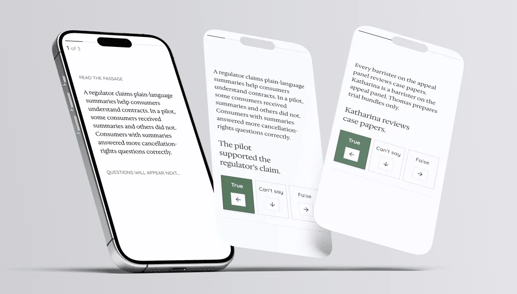 Signals Critical Thinking shown on mobile: a passage, a question, and True, Can't say or False answer buttons