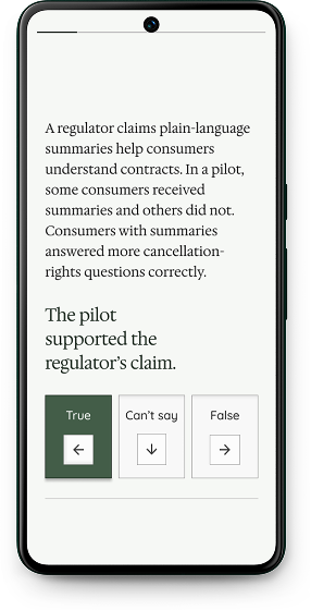 Signals test screen showing the passage with an individual question and answer buttons