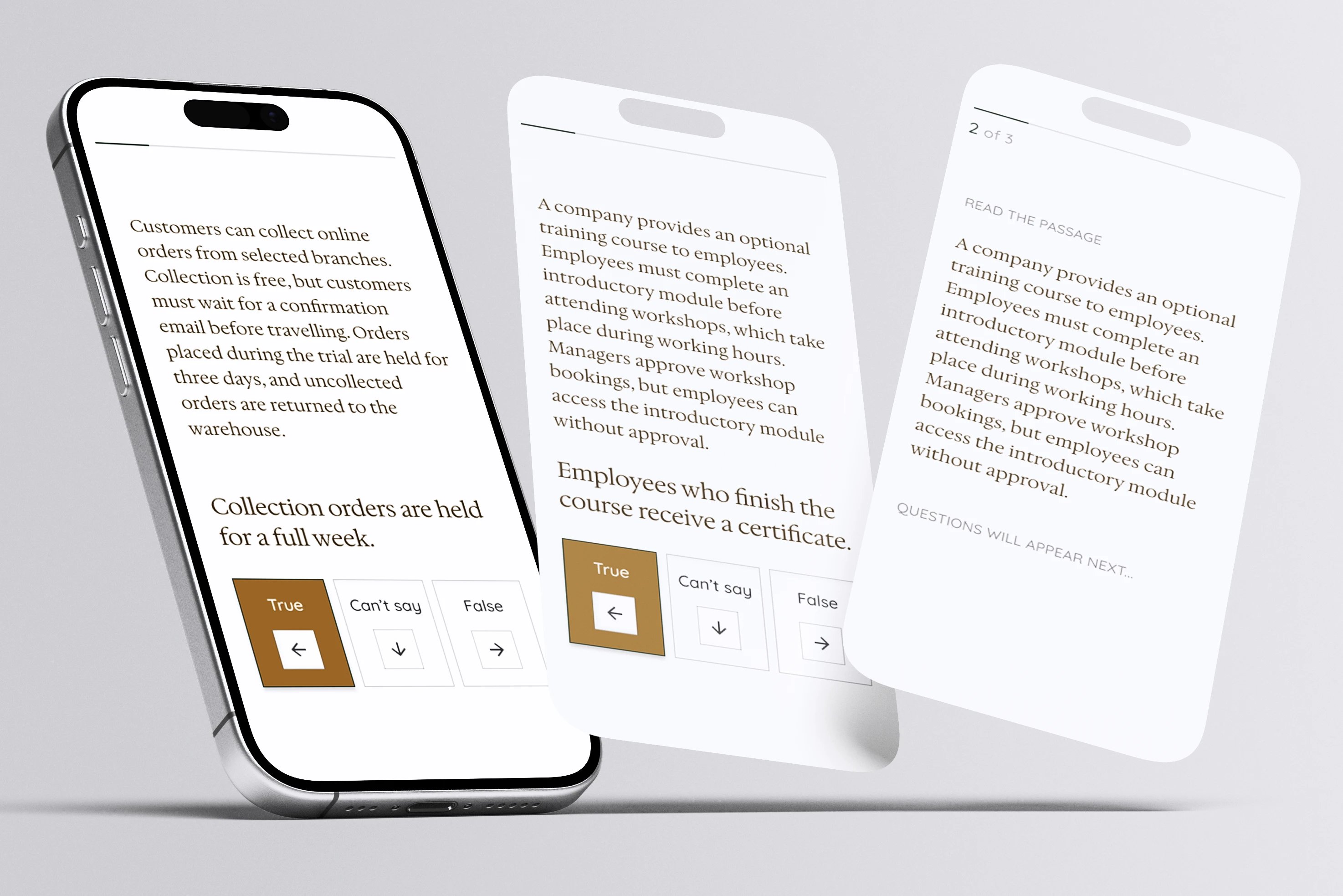 Signals Verbal Reasoning shown on mobile: a passage, a conclusion, and True, Cannot say or False answer buttons